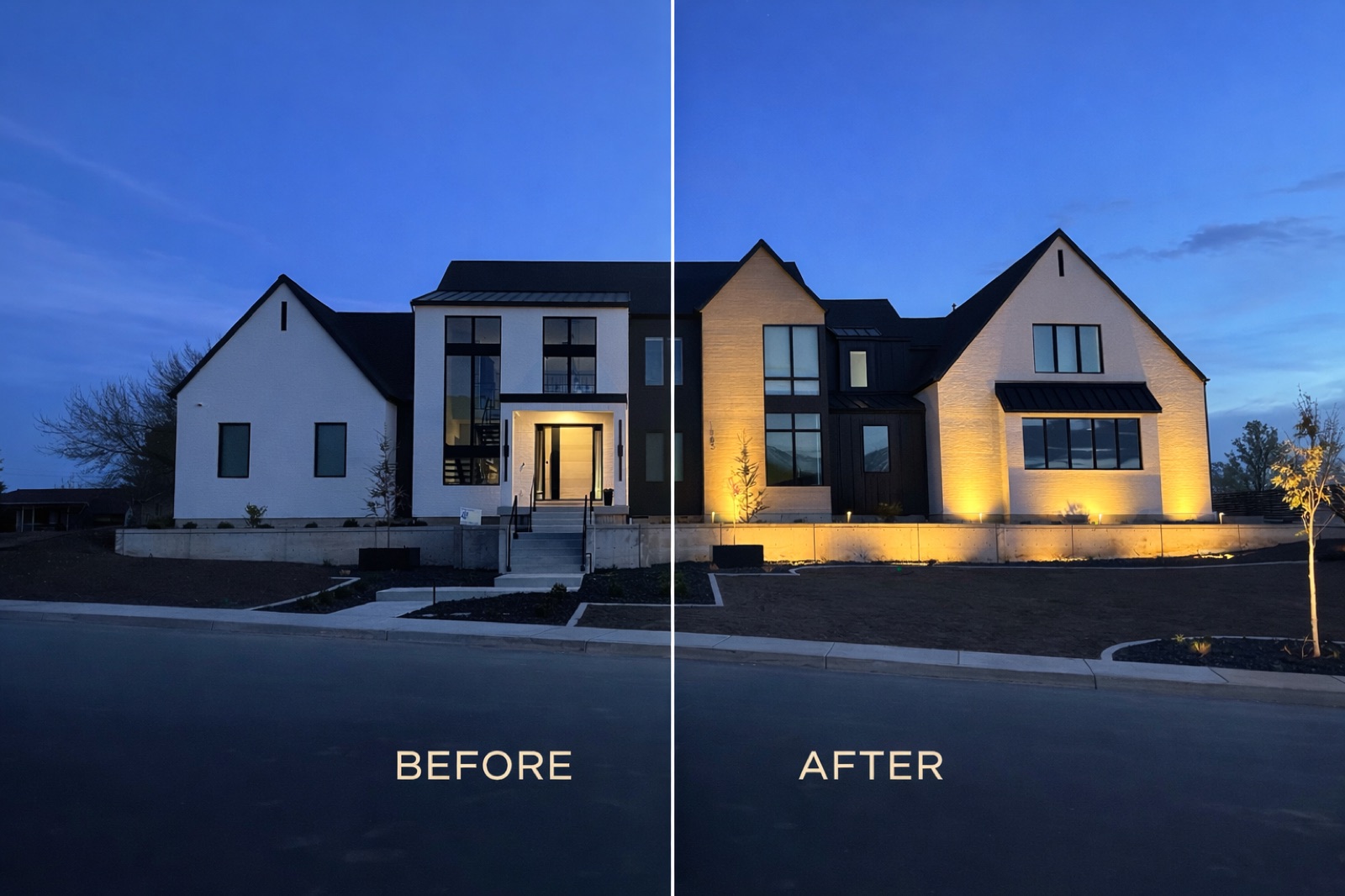 Before and after landscape lighting transformation